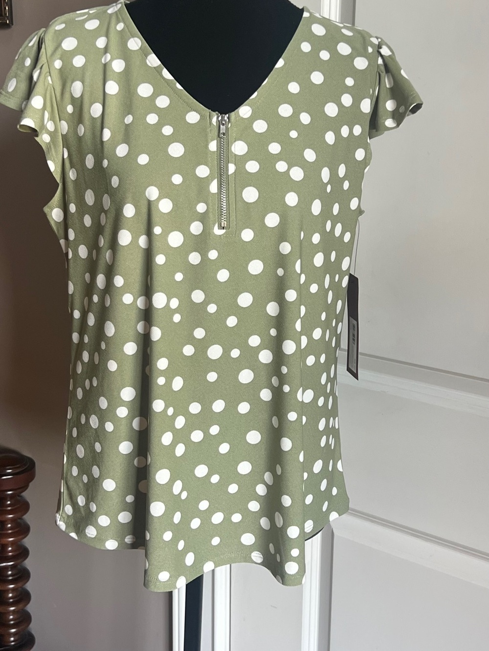 Polka Dot Zip-Front Women's Blouse in Olive Green